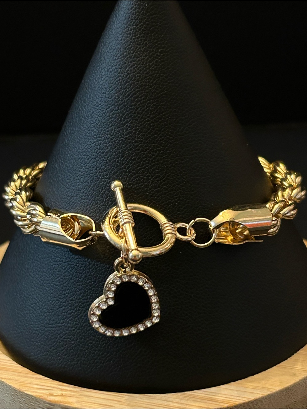 Ella 4mm Gold Rope Bracelet with Black Heart 🖤 Charm and Toggle Clasp 8” Inches